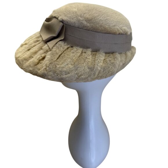 Vintage Beige Faux Fur Womens Hat With Bow Accent & Satin Lining
